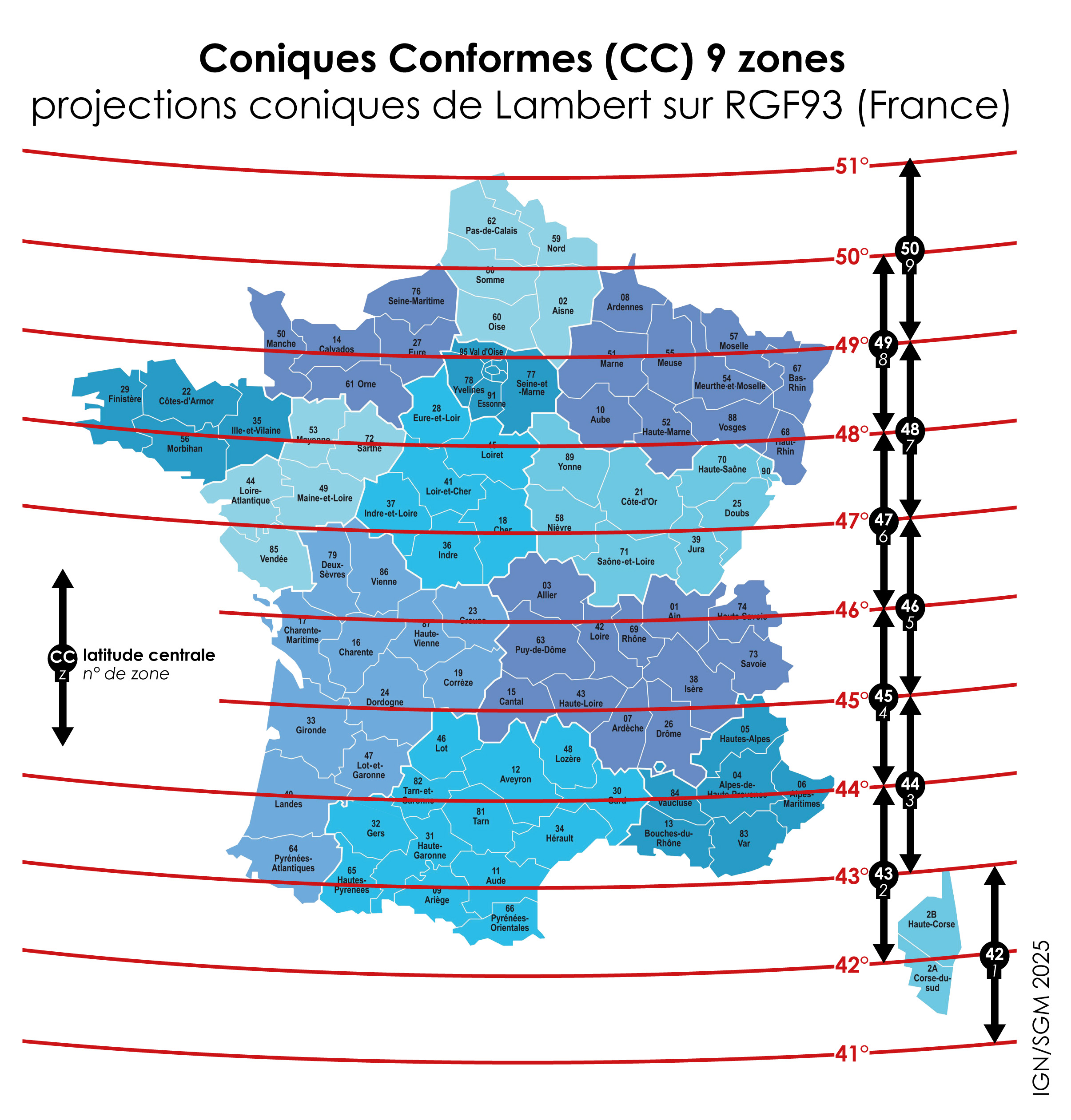 Projections CC 9 zones sur RGF93 carte de France représentant les zones d'applications des 9 projections "Coniques Conformes" associées au RGF93