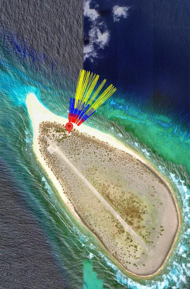vue aérienne de l'île Tromelin avec axes de visées