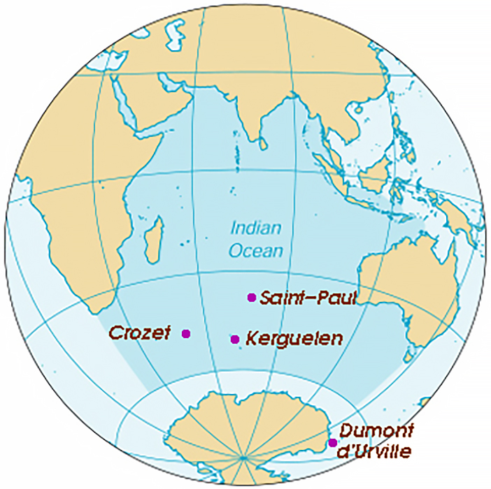 carte de l'océan Indien avec les positions des différentes TAAF