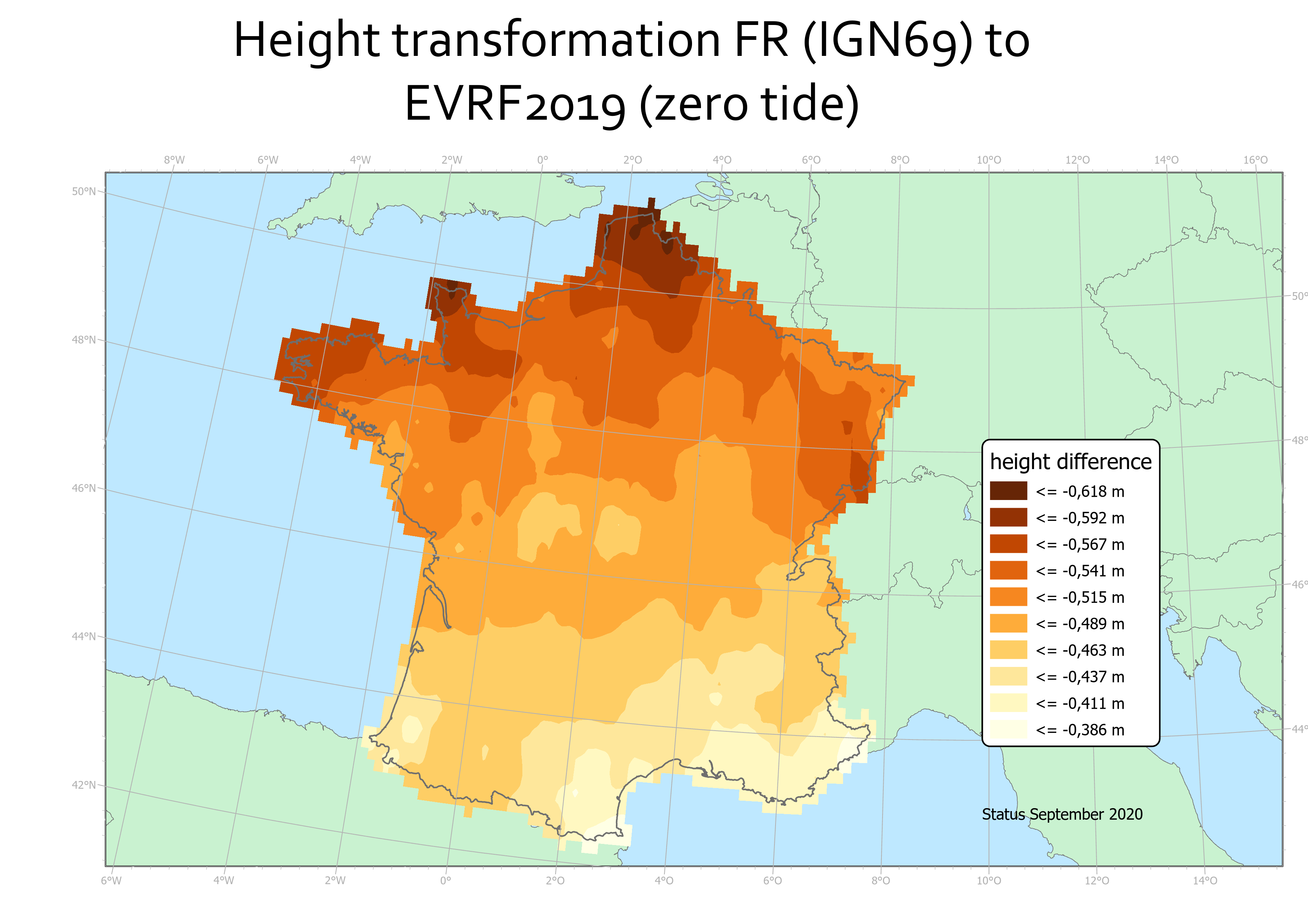 carte des écarts entre IGN69 et EVRF2019
