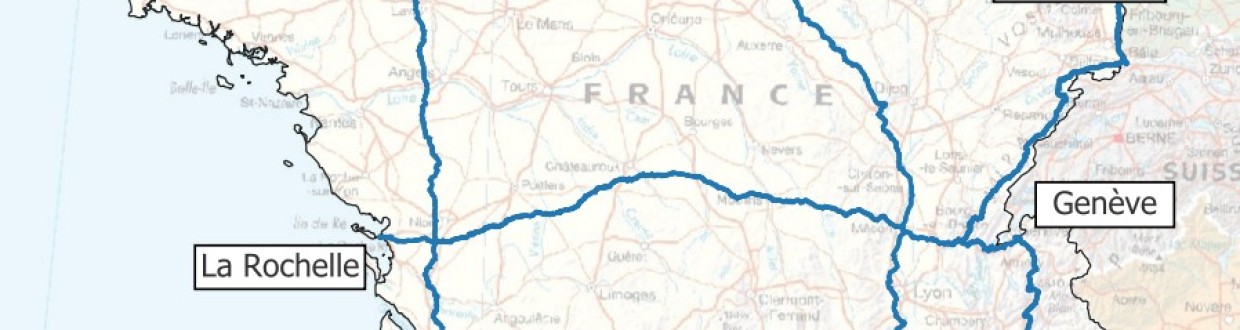 Carte représentant les grandes traverses NIREF sur le territoire français continental, réalisées entre 1983 et 2025
