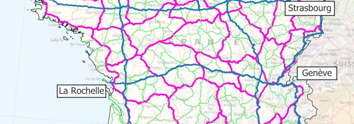 Carte représentant le réseau NIREF sur le territoire français continental, densifié par des observations d’ordre 1 et 2 du réseau de nivellement NGF/IGN69