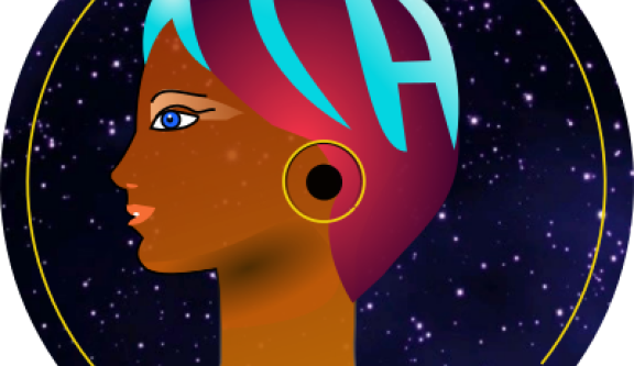 Vue d'artiste de Circé: buste de femme de profil avec dans sa coiffe les lettres lambda, phi et H représentant les coordonnées géographiques