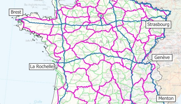 Carte représentant le réseau NIREF sur le territoire français continental, densifié par des observations d’ordre 1 et 2 du réseau de nivellement NGF/IGN69