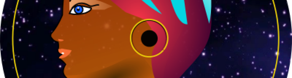 Vue d'artiste de Circé: buste de femme de profil avec dans sa coiffe les lettres lambda, phi et H représentant les coordonnées géographiques